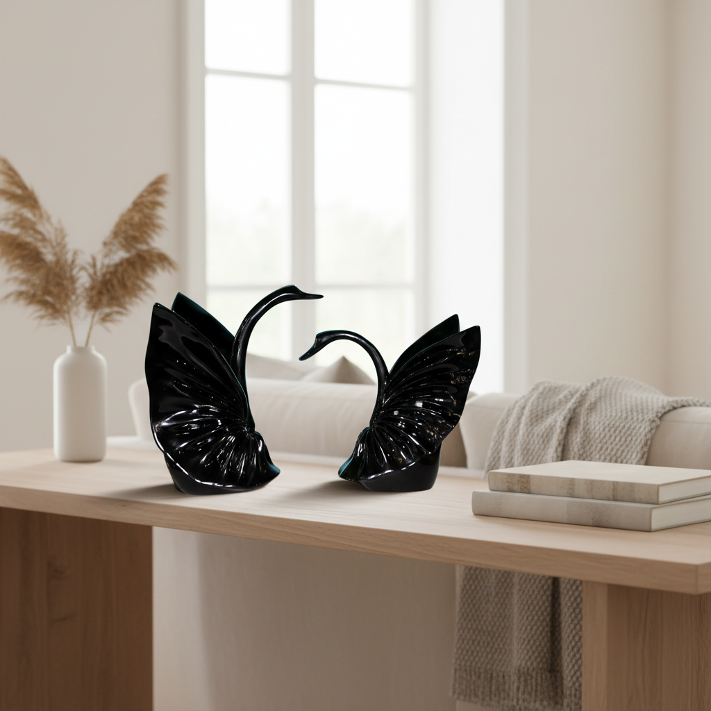 Two black swan-shaped sculptures on a wooden surface with a blurred background