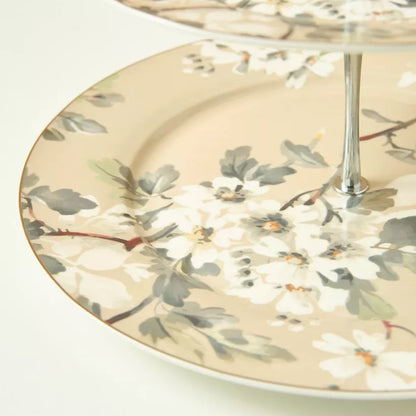 Elegant Two-Tiered Floral Cupcake Stand – Porcelain Dessert Server with Silver Accents for Afternoon Tea