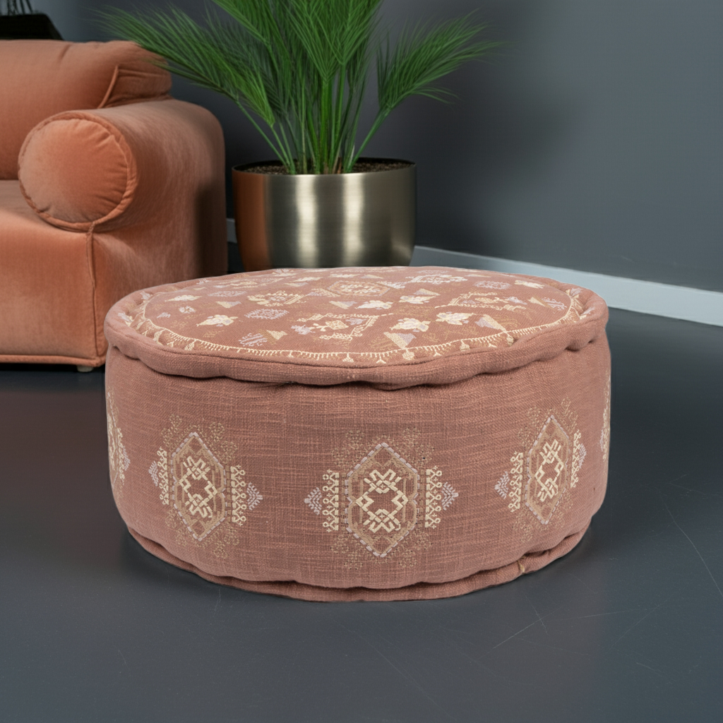 Terra Cotta Embroidered Moroccan Pouf