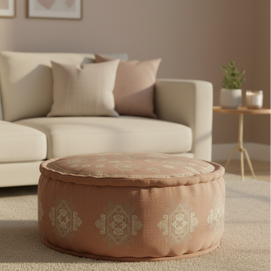 Decorative ottoman with pattern in a living room setting
