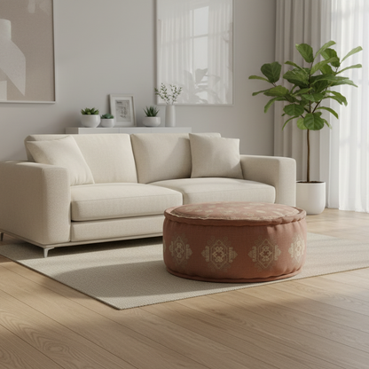 Beige sofa with a round brown ottoman in a modern living room.