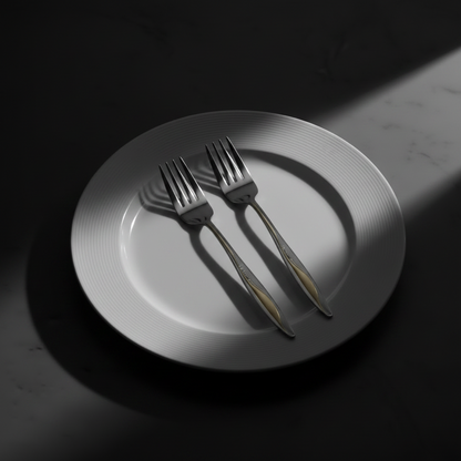 Two silver forks resting on a white plate with concentric ridges, set on a dark surface under dramatic spotlighting.