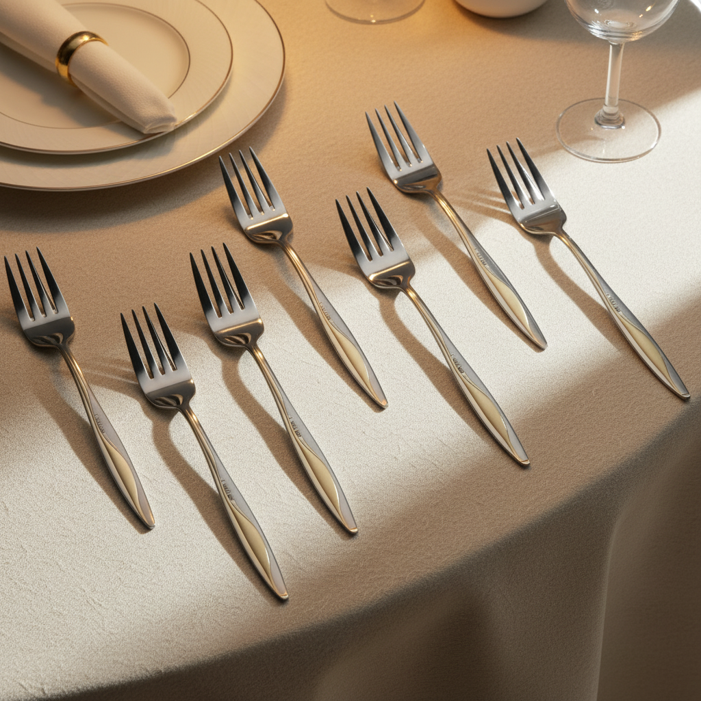 A set of eight polished silver forks arranged diagonally on a draped beige tablecloth, with a white plate and napkin partially visible in the top left and a wine glass base at the top right.