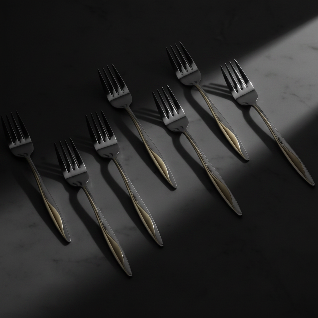 Seven metallic forks arranged diagonally on a dark marble-like surface with dramatic shadow lighting.