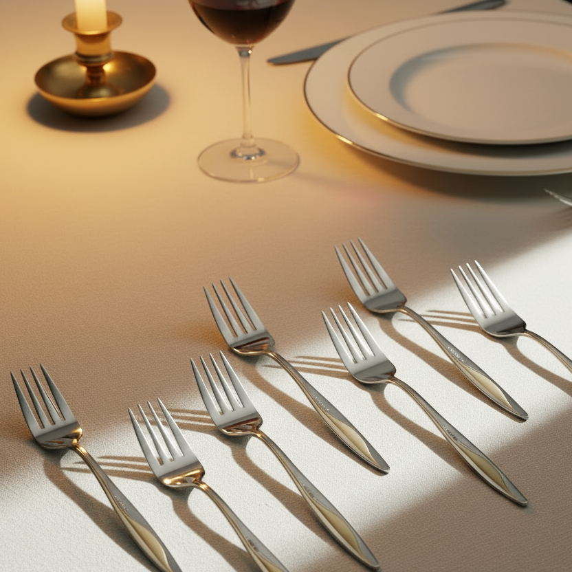 A set of polished silver forks arranged on a dining table in warm candlelight, with stacked plates, a wine glass, and a candle visible in the softly blurred background.