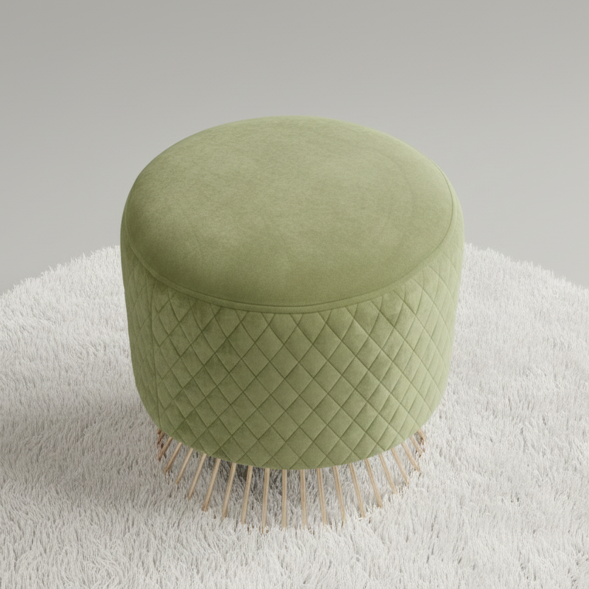 Green ottoman with woven pattern and fringe on a white surface