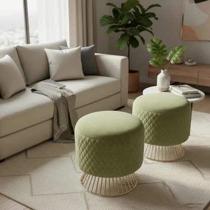 Lime Velvet Quilted Ottoman with Elegant Gold Base