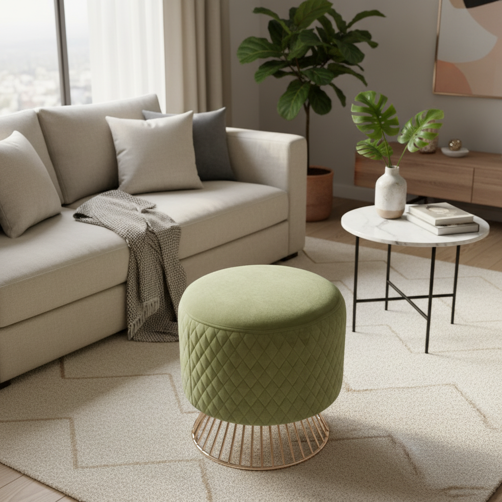 Modern living room with a beige sectional sofa, green ottoman, and a small round table.