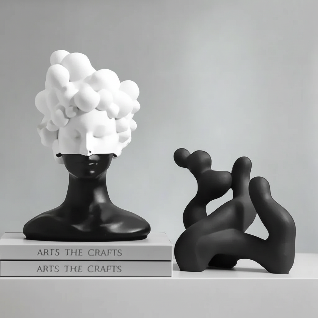 Black and white abstract sculptures on a gray surface with 'ARTS THE CRAFTS' books.