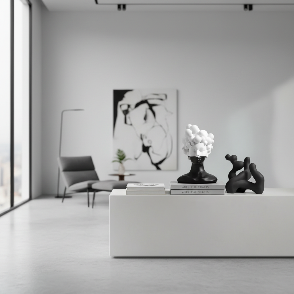 Modern interior with abstract art, sculptures, and a minimalistic design.