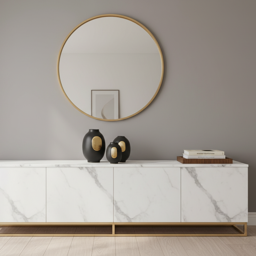Three black vases with gold accents on a wooden surface