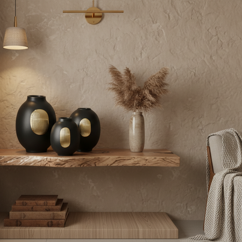 Decorative vases on a wooden shelf against a textured wall.