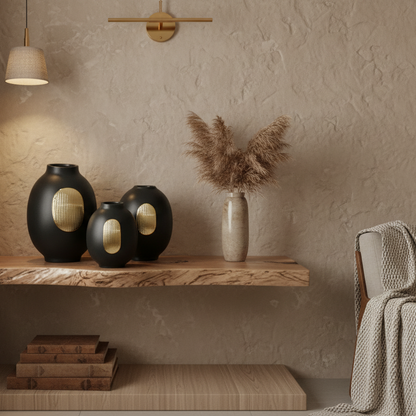 Decorative vases on a wooden shelf against a textured wall.