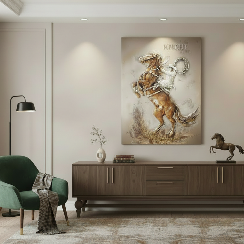 Living room with a large painting of a horse and rider on the wall, a green armchair, and a wooden sideboard.