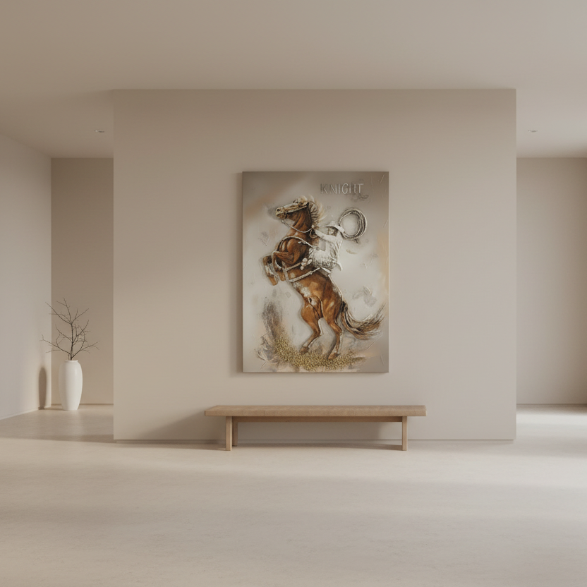 Modern living room with a horse painting on the wall and a wooden console table.