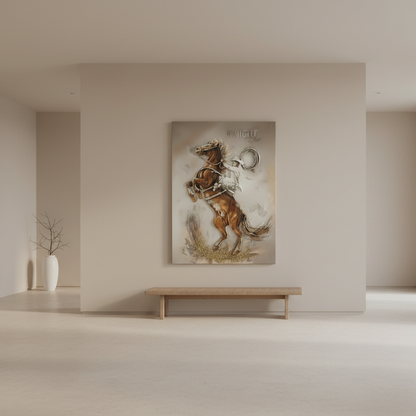 Modern living room with a horse painting on the wall and a wooden console table.
