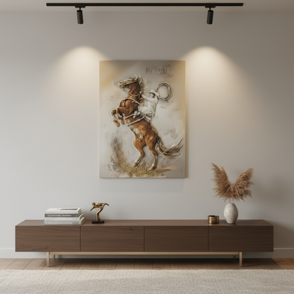 Modern living room with a wooden console table, decorative items, and a painting on the wall.