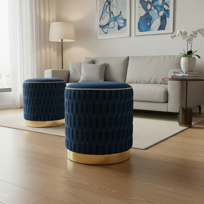 Geometric Stitched Velvet Ottoman in Navy