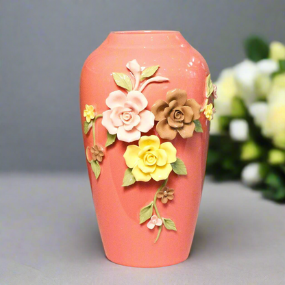 Rose Garden Charm: Hand-Applied Floral Ceramic Vase in Salmon Pink
