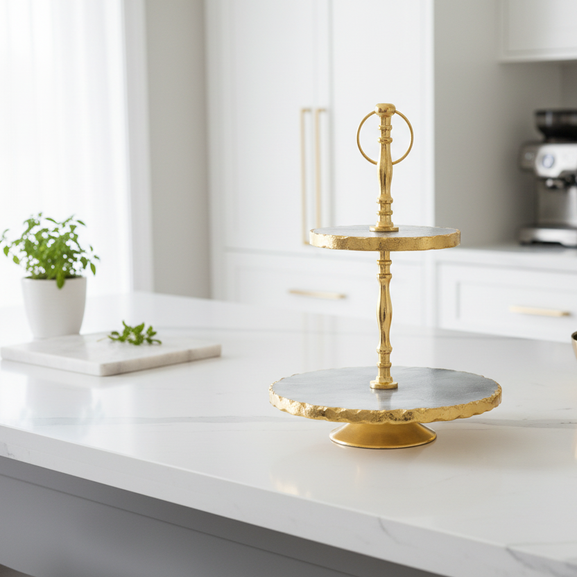 Gold cake stand on a white countertop with a blurred kitchen background