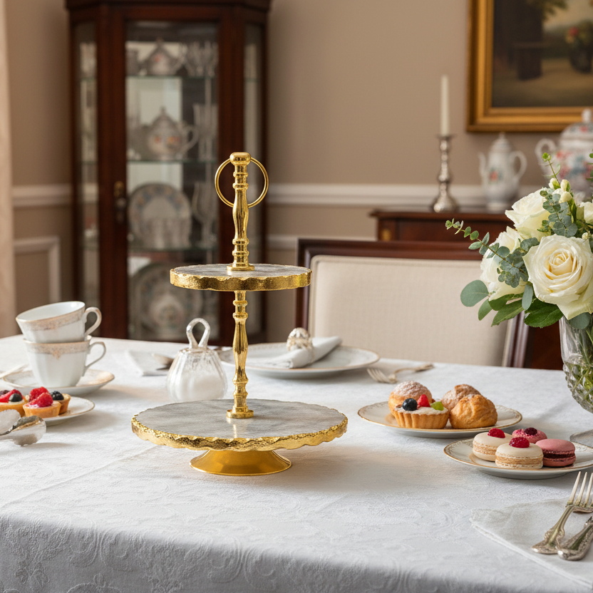 Gold and marble cake stand on a table with pastries and tea cups in a formal dining room.