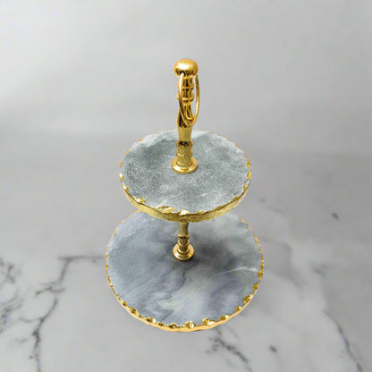 Artisan Gold-Edge Gray Marble 2-Tier Cupcake Stand – Unique Dessert Server for Modern & Rustic Decor