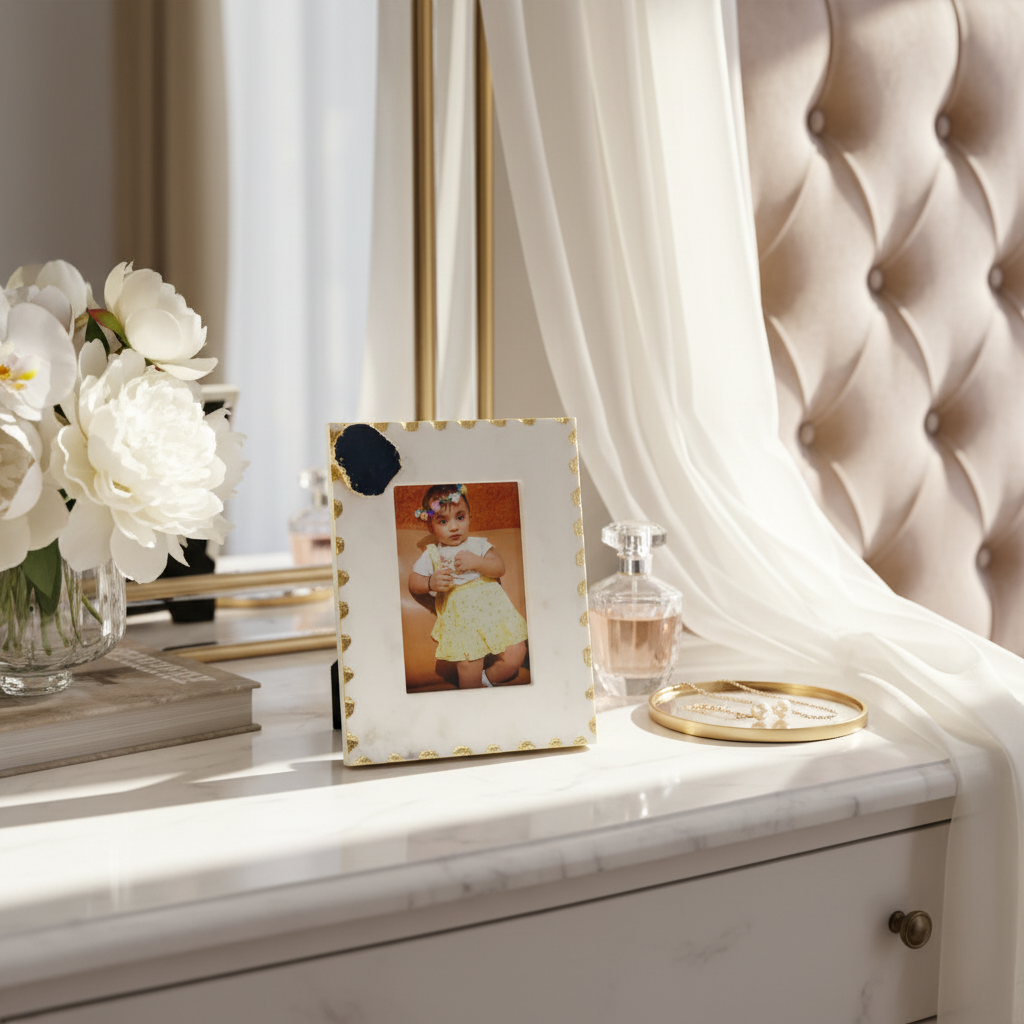 Chic Gold-Edge Marble Look Photo Frame – Modern Scalloped Frame with Bold Black Accent