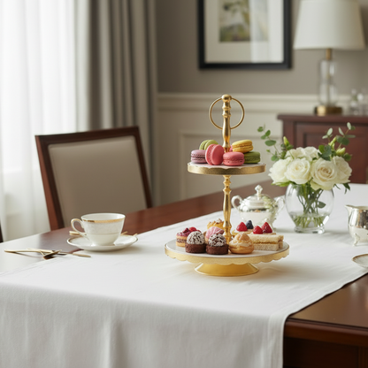 Gold and marble cake stand on a table with flowers in the background