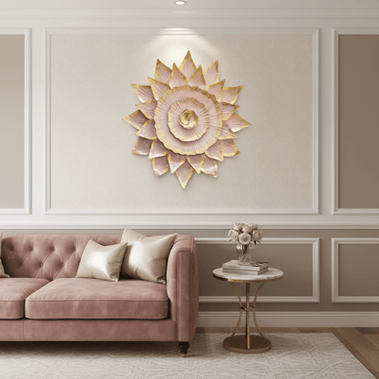 Decorative wall art with pink and gold floral design on a light background