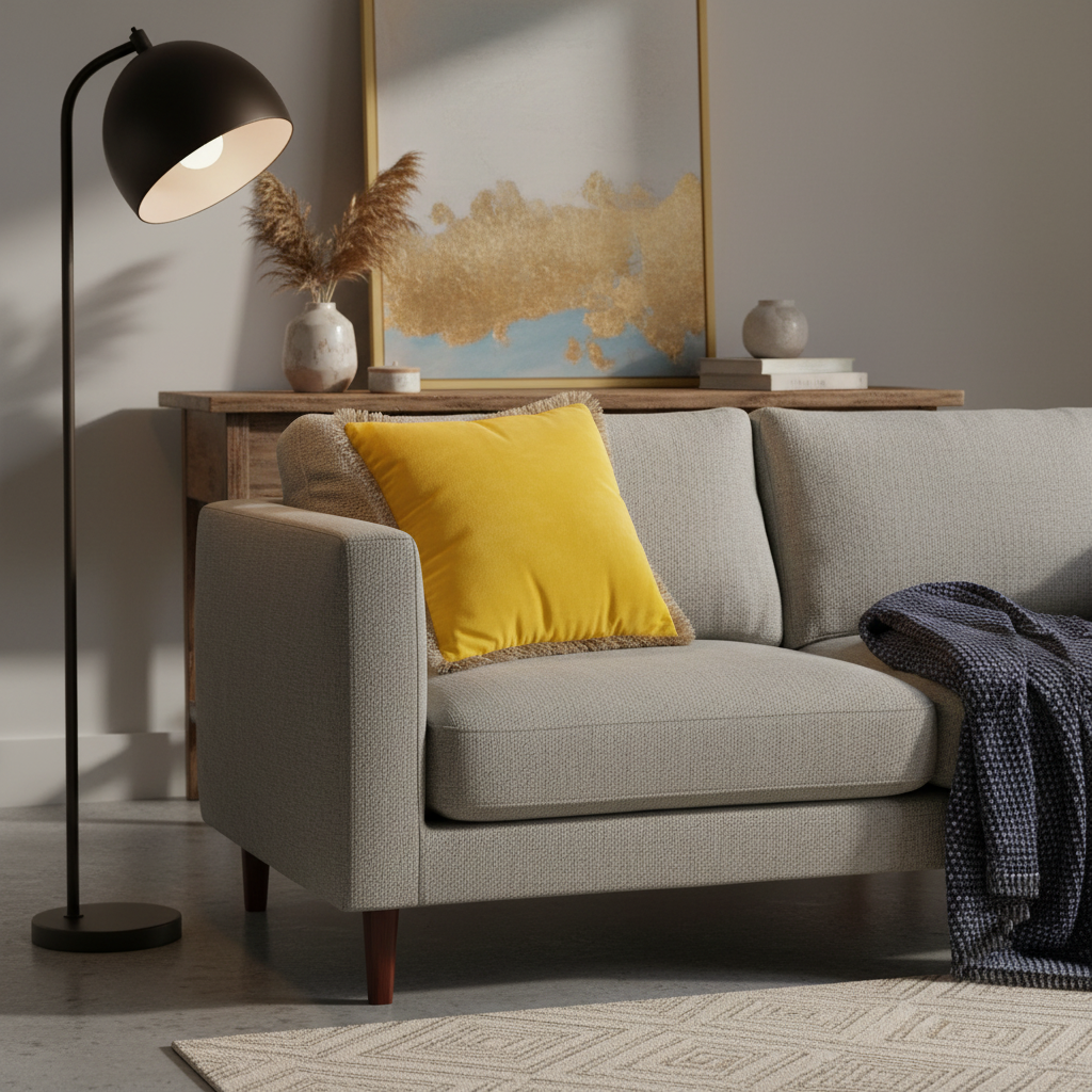 Gray sofa with a yellow pillow, black floor lamp, and wooden side table in a living room setting.