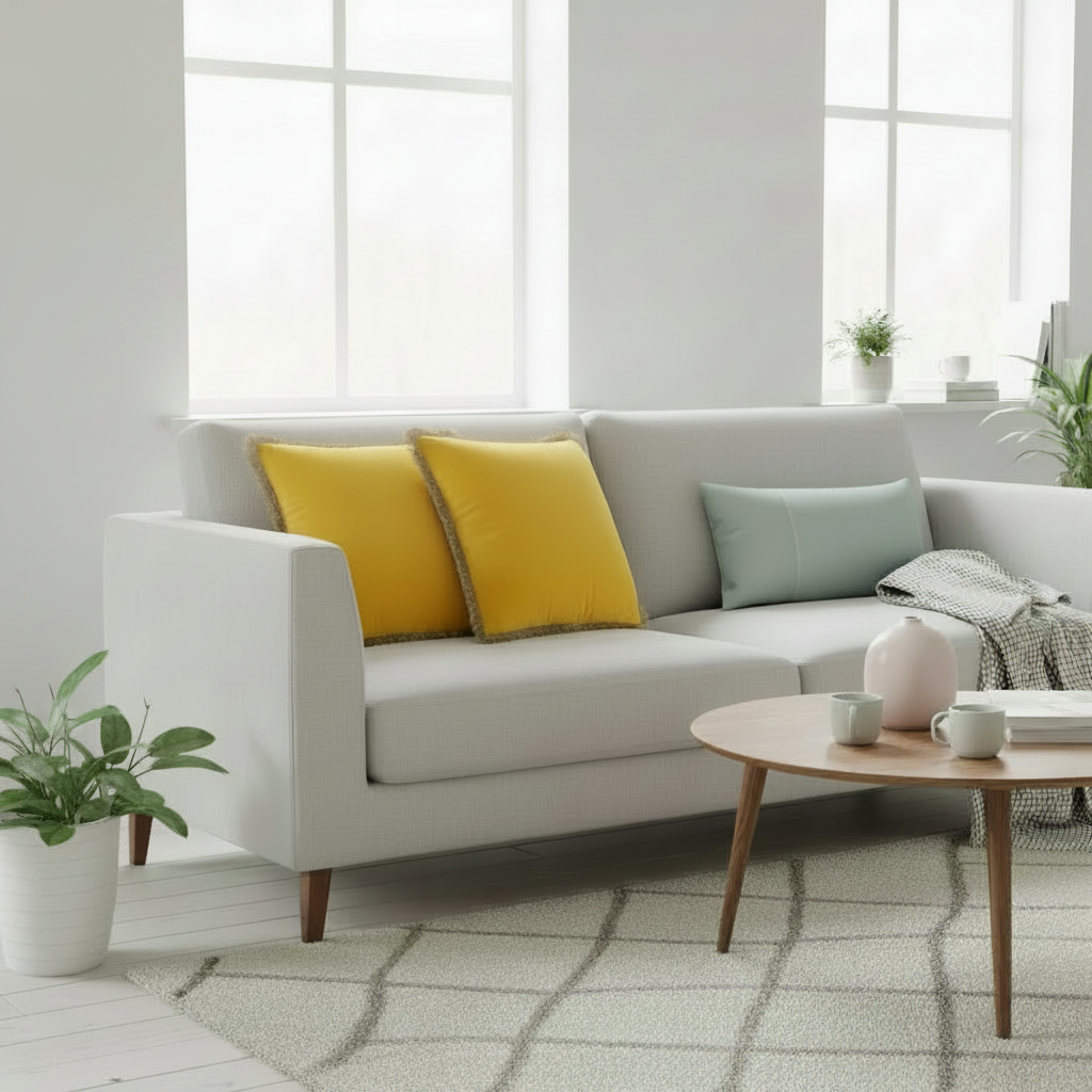 Modern living room with a gray sofa, yellow cushions, and a wooden coffee table.