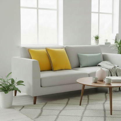 Modern living room with a gray sofa, yellow cushions, and a wooden coffee table.
