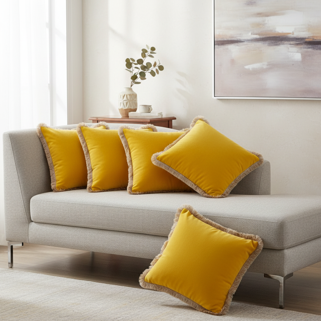 Gray sofa with yellow cushions in a living room setting