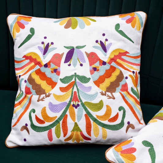 Vibrant Embroidered Bird & Floral Cushion Cover | Handcrafted Decorative Pillow Cover