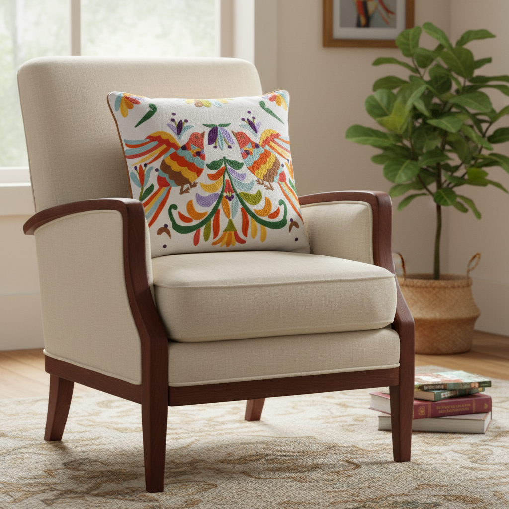Beige armchair with a colorful pillow in a room with a plant and books.