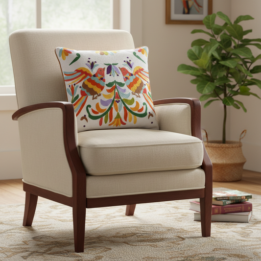 Beige armchair with a colorful pillow in a room with a plant and books.