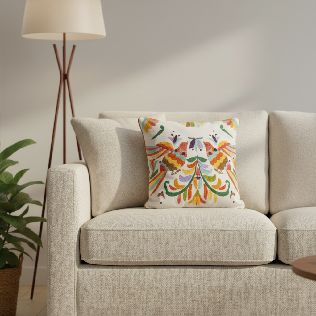 Beige sofa with a colorful decorative pillow in a living room setting.