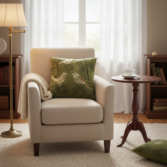 Beige armchair with a green patterned pillow in a cozy living room setting.