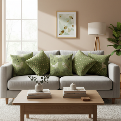 Living room with a gray sofa adorned with green patterned cushions, a wooden coffee table, and a lamp.
