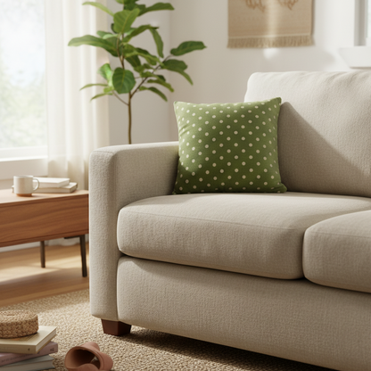 Beige sofa with a green polka dot pillow in a living room setting.