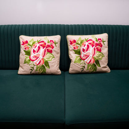 Elegant Pink Floral Embroidered Cushion Cover| Botanical Accent Pillows Cover