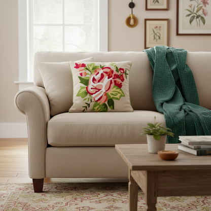 Elegant Pink Floral Embroidered Cushion Cover| Botanical Accent Pillows Cover