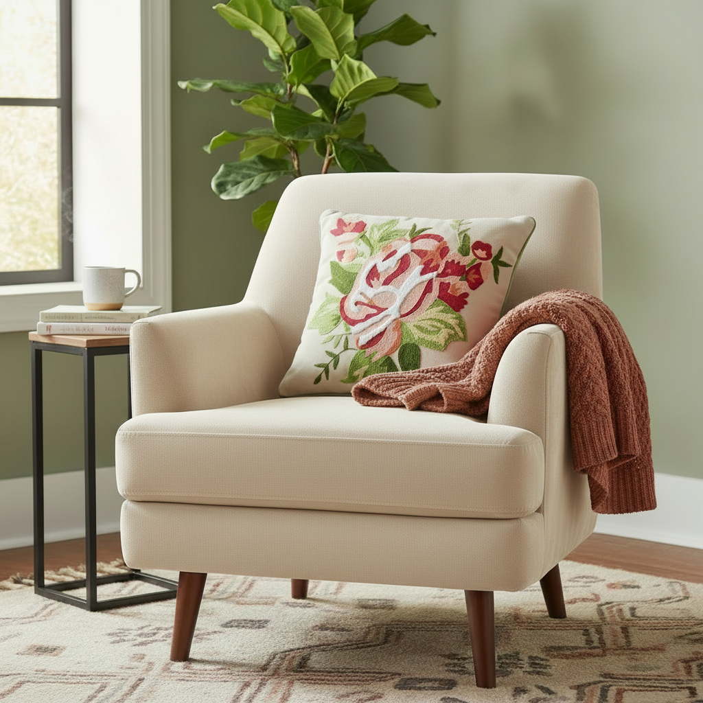 Gray armchair with a floral pillow and pink blanket in a cozy living room.