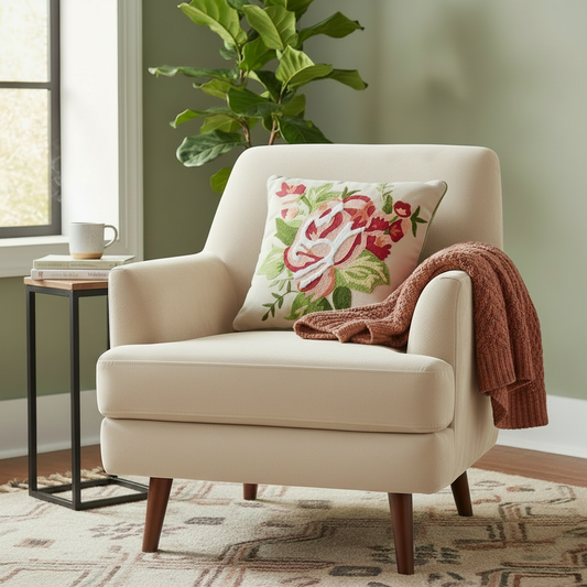 Gray armchair with a floral pillow and pink blanket in a cozy living room.