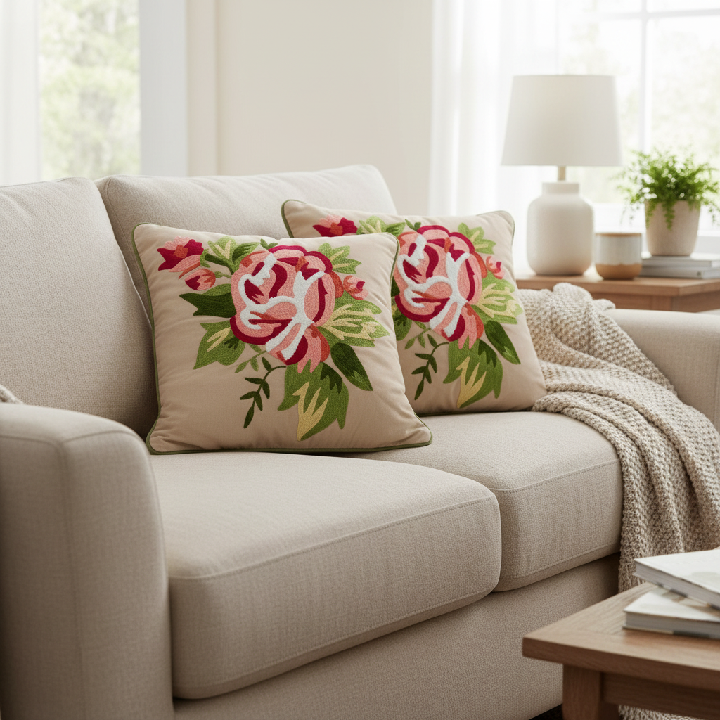 Elegant Pink Floral Embroidered Cushion Cover| Botanical Accent Pillows Cover