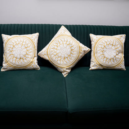 Elegant White & Gold Embroidered Cushion Cover | Textured Mandala Pillow Cover