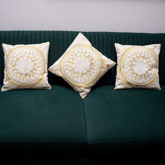 Elegant White & Gold Embroidered Cushion Cover | Textured Mandala Pillow Cover