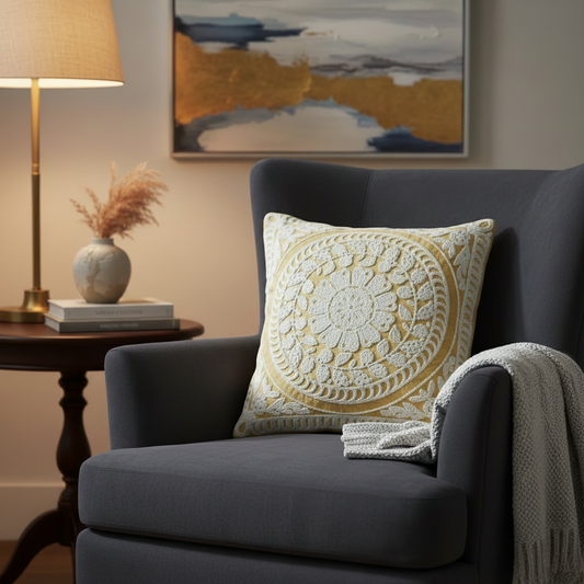 Gray armchair with a decorative pillow, side table with lamp and vase, and abstract painting on the wall.