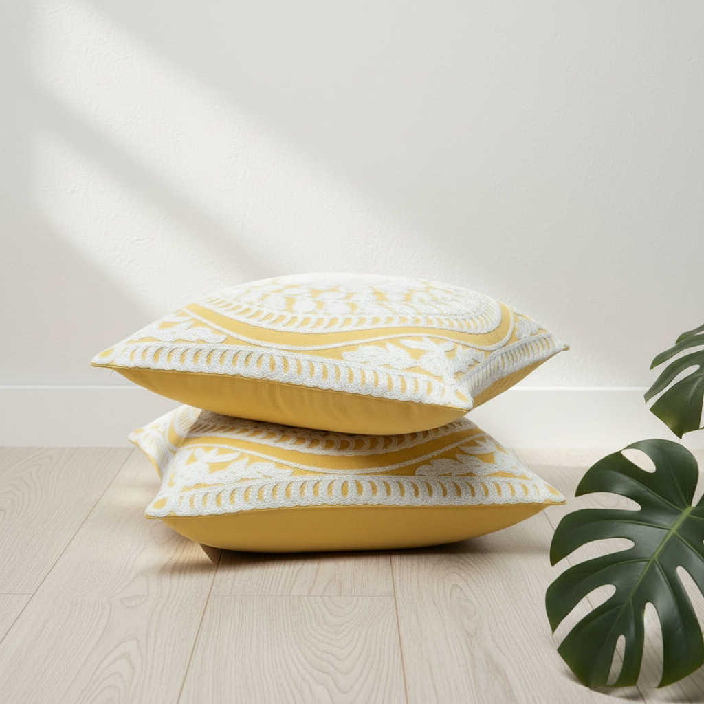 Two yellow patterned cushions stacked on a light wooden floor with a plant leaf in the corner.