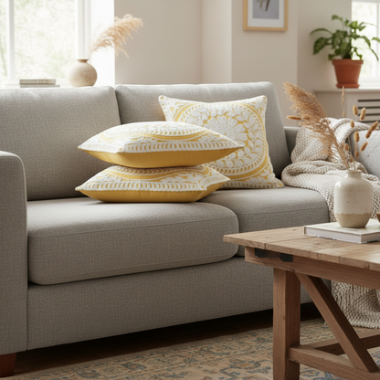Living room with a gray sofa adorned with yellow and white patterned cushions, a wooden coffee table, and decorative elements.